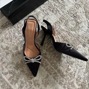 Satin Black Heels with Rhinestone Bow by Unilady